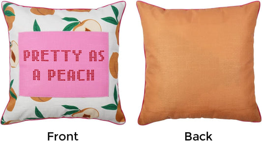 Yellow Peach Pillow Cover 18x18 Inch, Pretty As A Peach Cross Stitch Embroidery Throw Pillow Covers, Farmhouse Cottagecore Accent Decor for Couch, Bedroom, Sofa or Car