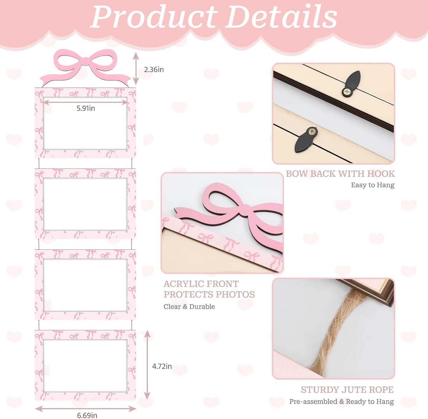Novabright 2 Sets 4 x 6 Pink Bow Collage Picture Frames Wall Hanging with 8 Openings Coquette Pink Wooden Collage Photo Frames Wall Mounted Preppy Aesthetic Room Decor for Women Bedroom Living Room