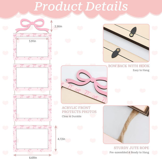 Novabright 2 Sets 4 x 6 Pink Bow Collage Picture Frames Wall Hanging with 8 Openings Coquette Pink Wooden Collage Photo Frames Wall Mounted Preppy Aesthetic Room Decor for Women Bedroom Living Room