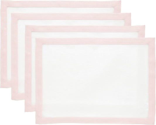 Solino Home Linen Placemats Set of 4 - Blush Pink and White Placemats 14 x 19 Inch - 100% Pure Linen Table Place Mats for Summer - Classic, Handcrafted and Machine Washable