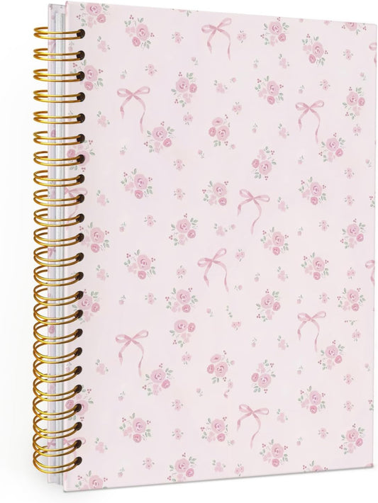 Wheatwin Pink Coquette Cute Notebook Journal for Women, Aesthetic Notebook for Teen Girls, Floral Pink Bow Spiral Notebook Journals for Women Work 5.5x8.3