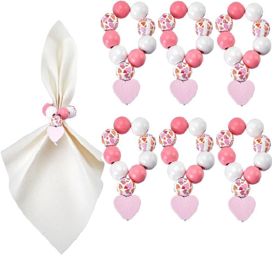 SUNNYCLUE 6 Sets Napkin Holder Ring Napkin Rings Set Napkin Ring Beaded Romantic Love Heart Pink Wood Beads Napkin Holders Buckle for Christmas Valentines Day Wedding Dinner Table Banquet Party Decor