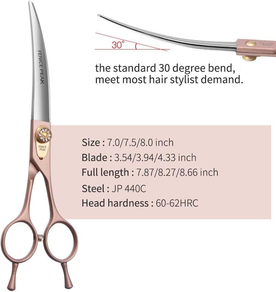Professional Curved Dog Grooming Scissors 7'' Rose Gold 440C Stainless Steel Pet Cutting Shears Safety Trimming Shearing for Dogs Cats