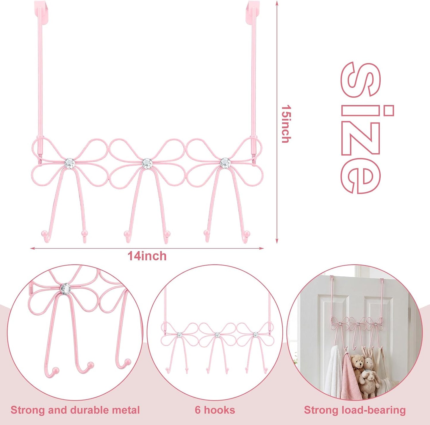 Kathfly Over the Door Hooks Towel Hooks Heavy Duty Hanging Towel Rack Over Door Hanger, 5 Coat Hanger for Bedroom Bathroom Kitchen(Pink,Diamond Bow)