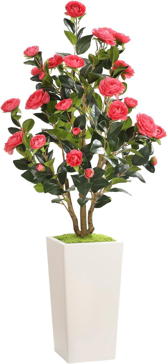 Romantic Season 4FT Artificial Camellia Tree with White Tall Planter, Pink Faux Camellia Plant Flower Tree for Modern Home Office Living Room Floor Décor Outdoor Indoor，Pink