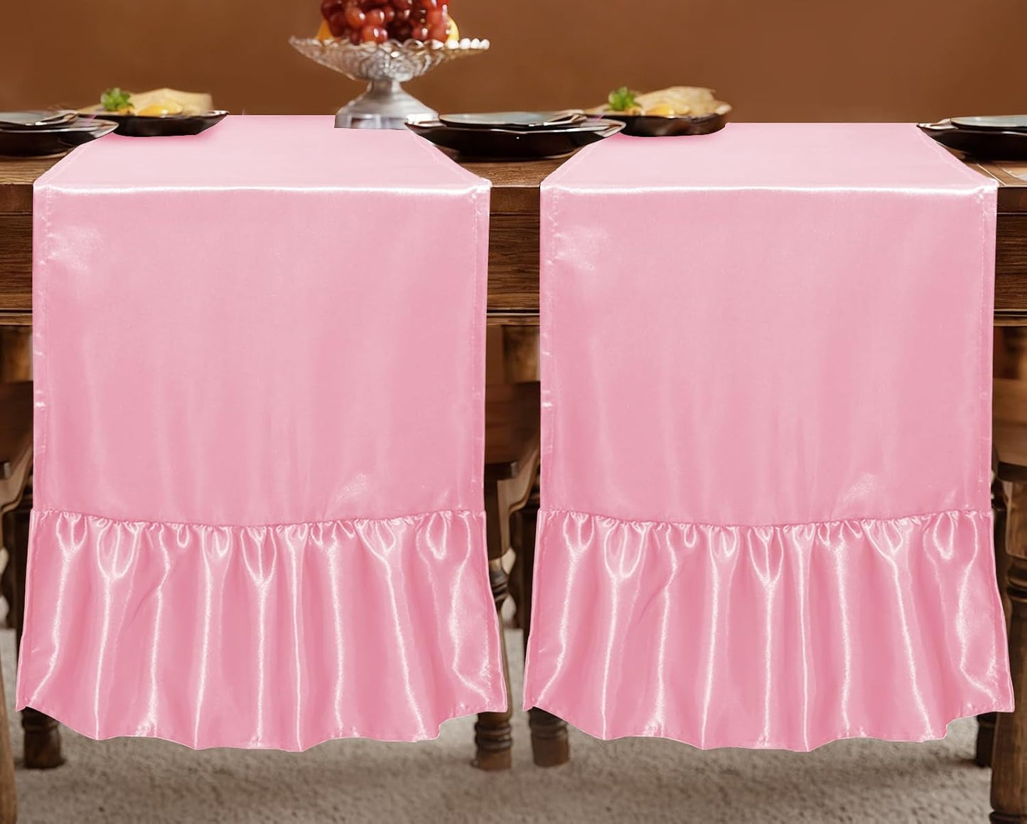 2 Pack Pink Satin Table Runner 12 x 72 Inch Ruffle Table Runner,Satin Runners for Tables-Luxurious Dining and Party Decor