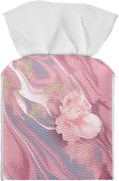 Marble Tissue Box Cover - Pink Faux Leather Tissue Holder - Decorative Cube Box