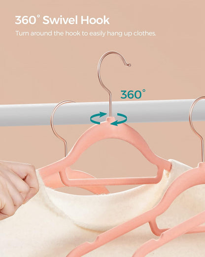 SONGMICS Velvet Hangers, Set of 100 Clothes Hanger with Rose Gold Swivel Hook, Non-Slip, and Space-Saving, 0.2-Inch Thick, 17.1-Inch Long for Coat, Shirt, Dress, Pants, Tie, Coral Pink UCRF021PK100