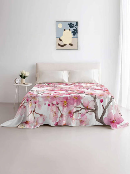 Full Size Flat Sheet Only, Spring Peach Flowers Soft Brushed Microfiber Bed Sheets, Pink Botanical Floral Leaves Branch Hotel Quality Breathable Bedding Top Sheet, Easy Care, 81"x96"