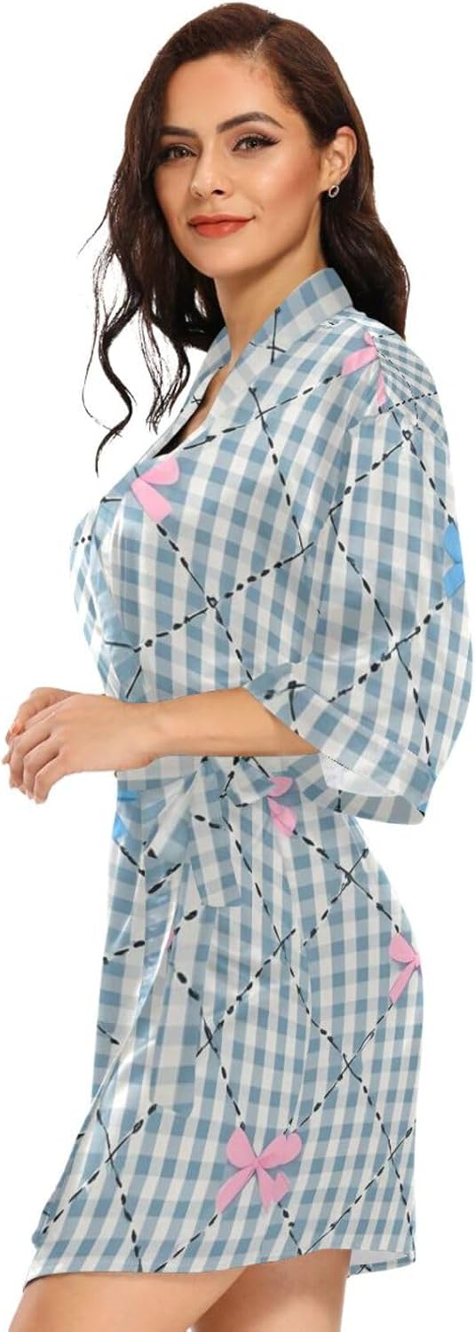 Pink Blue Bow Check Womans Bathrobes Classic Woman's Night Shirts for College Dorm