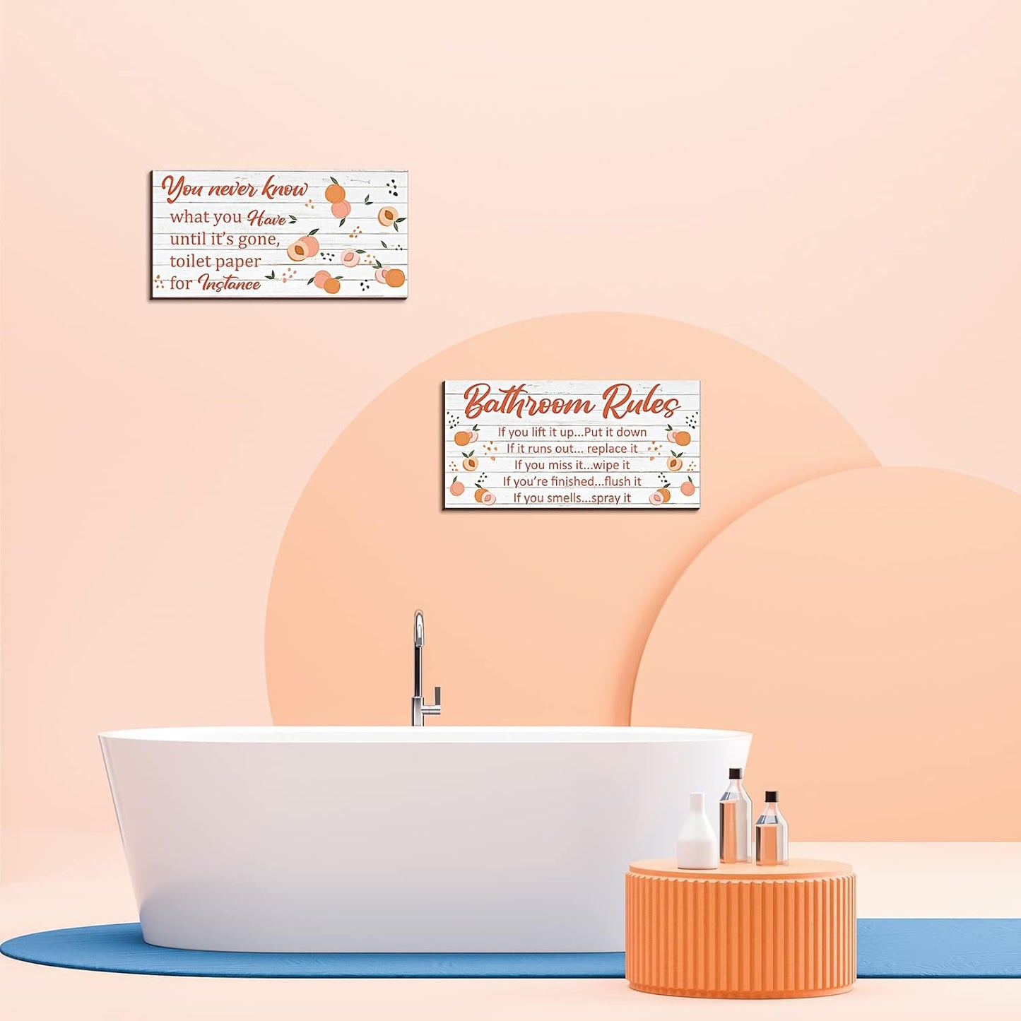 Yookeer 2 Pieces Wooden Peach Bathroom Decor Bathroom Rule Wall Plaque Decor Wooden Hanging Sign Funny Cute Farmhouse Peach Accessories Wood Plank for Home Rustic Decoration,12 x 6 Inch