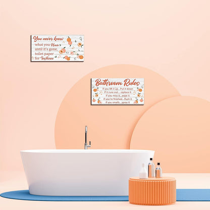 Yookeer 2 Pieces Wooden Peach Bathroom Decor Bathroom Rule Wall Plaque Decor Wooden Hanging Sign Funny Cute Farmhouse Peach Accessories Wood Plank for Home Rustic Decoration,12 x 6 Inch