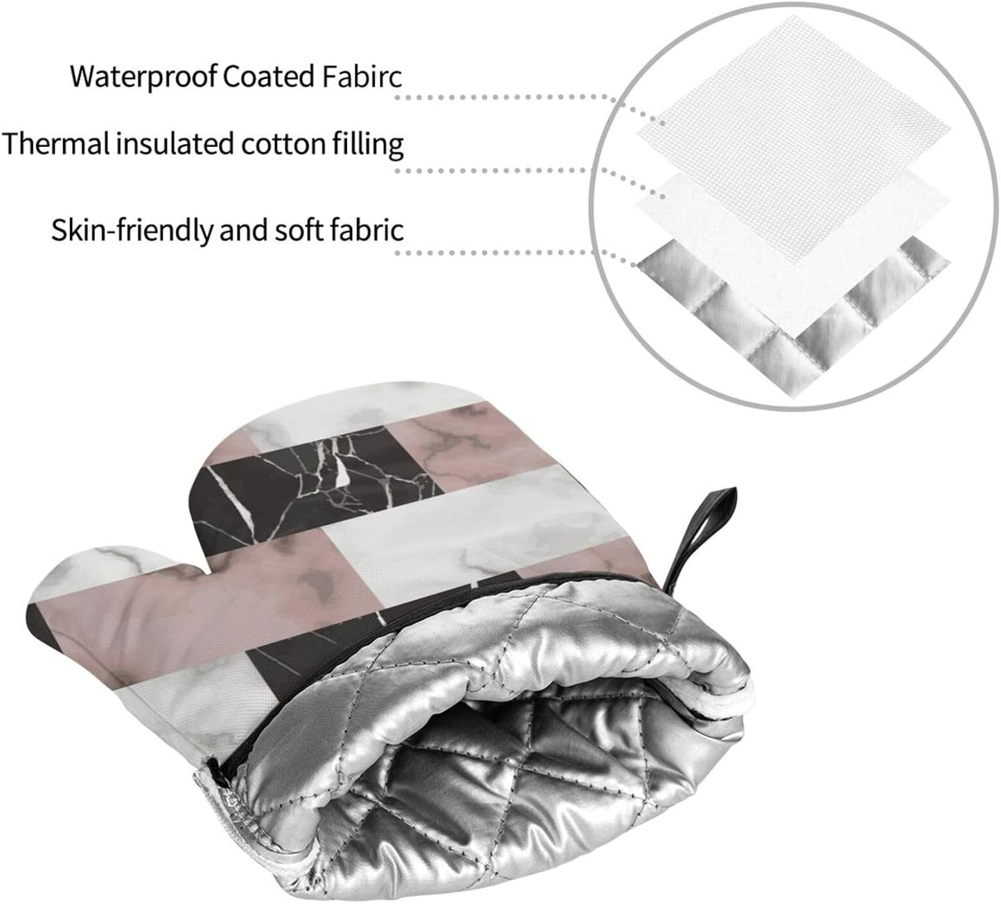 White Pink and Black Brick Marble 4-in-1 Oven Mitts and Pot Holders, Thick Polyester Kitchen Thermal Gloves for Indoor Baking Outdoor Grilling