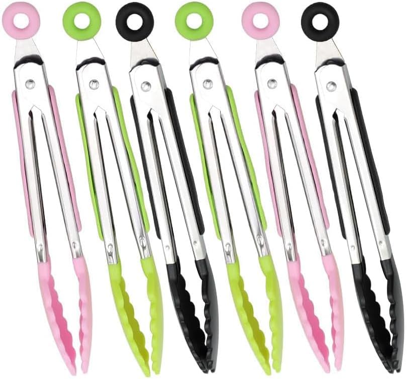 6 Piece 8-Inch Mini Serving Tongs for Cooking, Stainless Steel Locking Tong with Silicone Tips, Heat Resistant Grilling Barbeque Kitchen Food Tongs for Nonstick Cooking Pans (Pink)