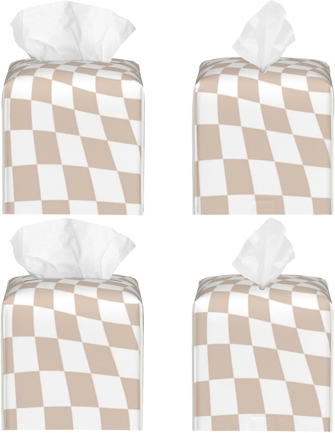 Retro Sand Rose Pink Pastel Warped Checkerboard Square Leather Tissue Box Cover 5.2"x5.2" Tissue Holder with Bottom Belt for Bathroom Tabletop Car Office Home Kitchen