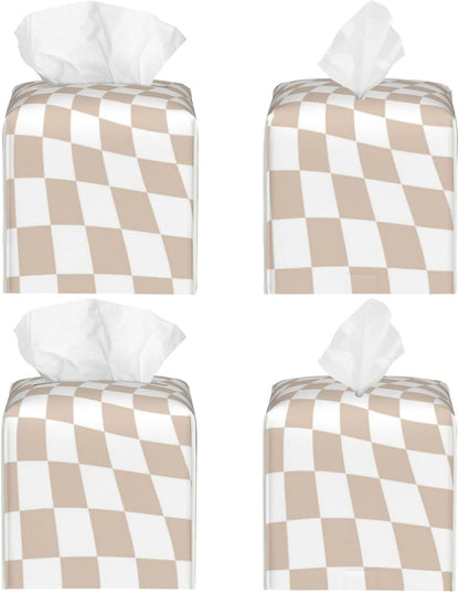 Retro Sand Rose Pink Pastel Warped Checkerboard Square Leather Tissue Box Cover 5.2"x5.2" Tissue Holder with Bottom Belt for Bathroom Tabletop Car Office Home Kitchen