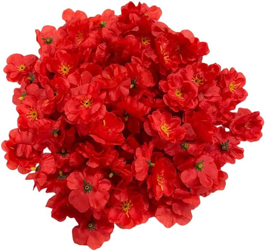 Rikyo 100 pcs Artificial Silk Cherry Blossom Flower Heads Spring Fake Plum Blossom Peach Blossom,Vase Fillers,Corsages for Wedding Decor,Nursery Wall,Archway Decor Wreath Garland Cake Ornaments (Red)