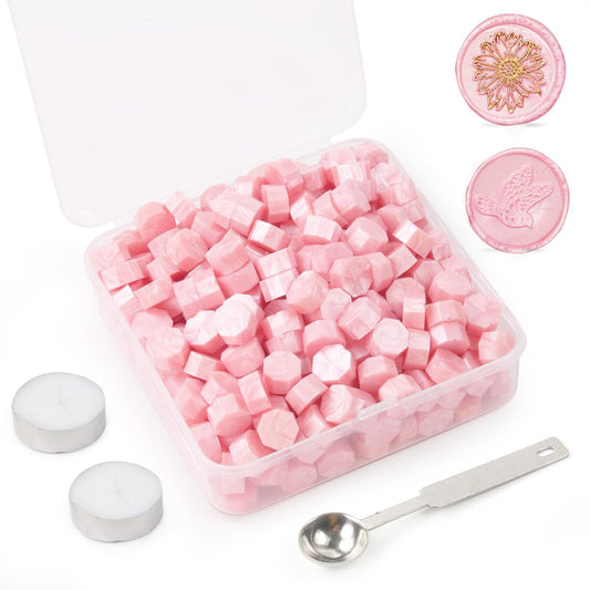 300Pcs Pearl Pink Sealing Wax Beads Set for Wax Seal Stamp with Candles and Melting Spoon，Perfect for Christmas Cards, Envelopes, Wedding Invitations, Wine Packages, Letter Sealing (Pearl Pink)