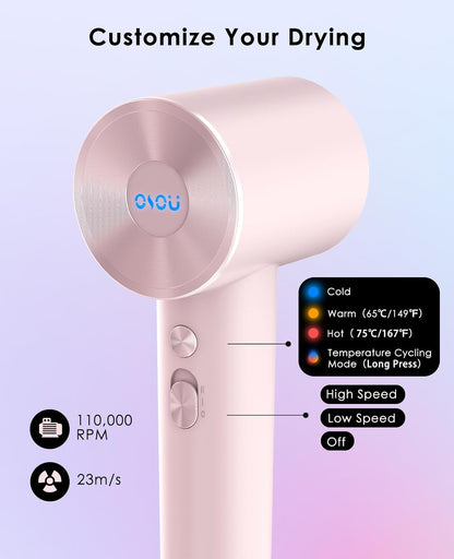 OSOU Travel Hair Dryer, Negative Ionic Hair Dryers, High-Speed Blow Dryer with 110, 000 RPM Brushless Motor, Ultra-Light & Small, Smart Temp Control, Quiet Hairdryer for Women