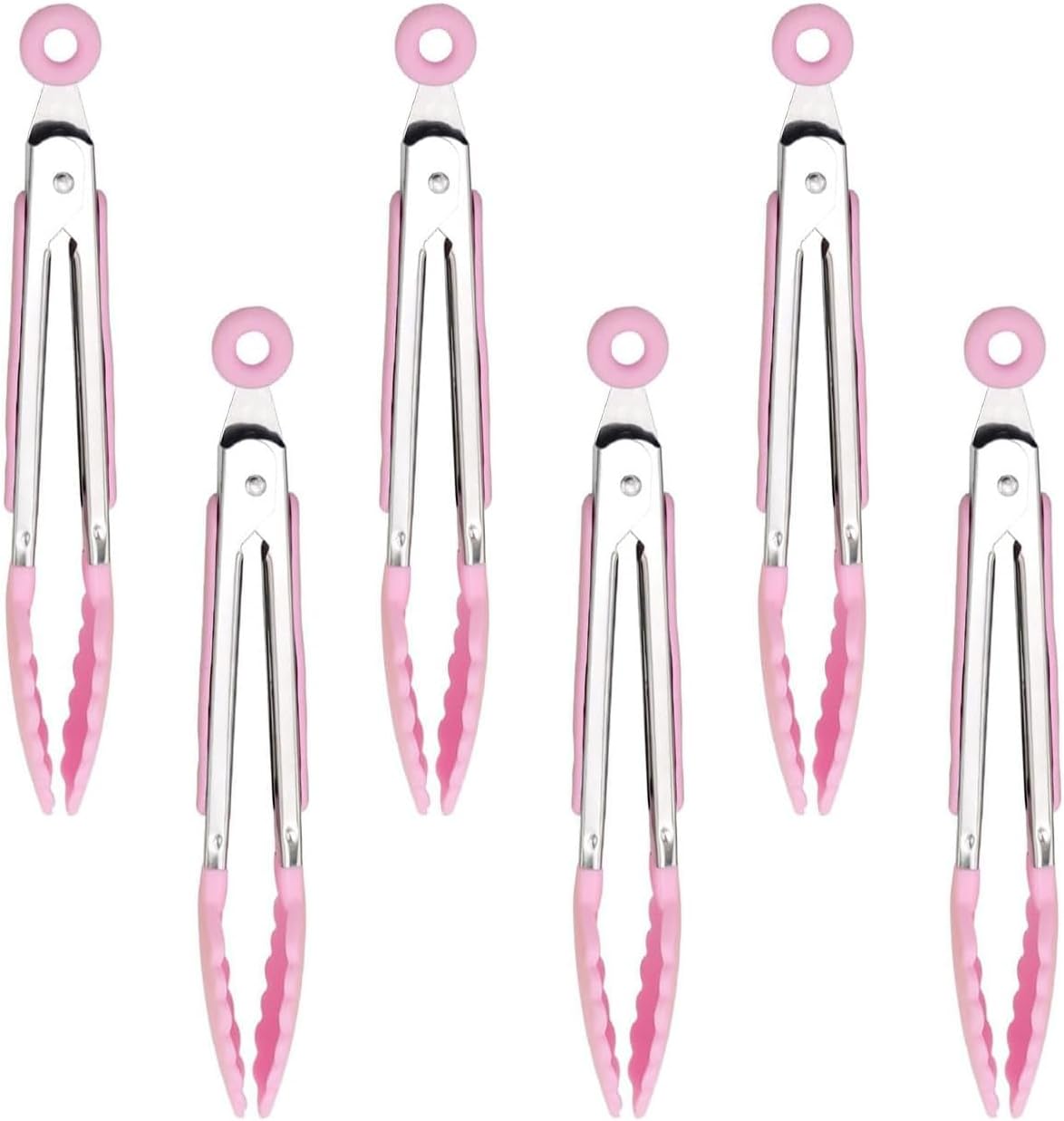 6 Piece 8-Inch Mini Serving Tongs for Cooking, Stainless Steel Locking Tong with Silicone Tips, Heat Resistant Grilling Barbeque Kitchen Food Tongs for Nonstick Cooking Pans (Pink)