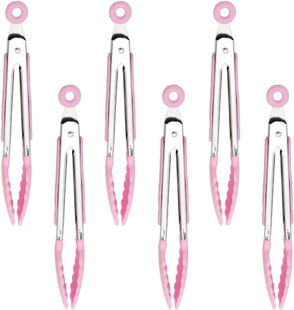 6 Piece 8-Inch Mini Serving Tongs for Cooking, Stainless Steel Locking Tong with Silicone Tips, Heat Resistant Grilling Barbeque Kitchen Food Tongs for Nonstick Cooking Pans (Pink)