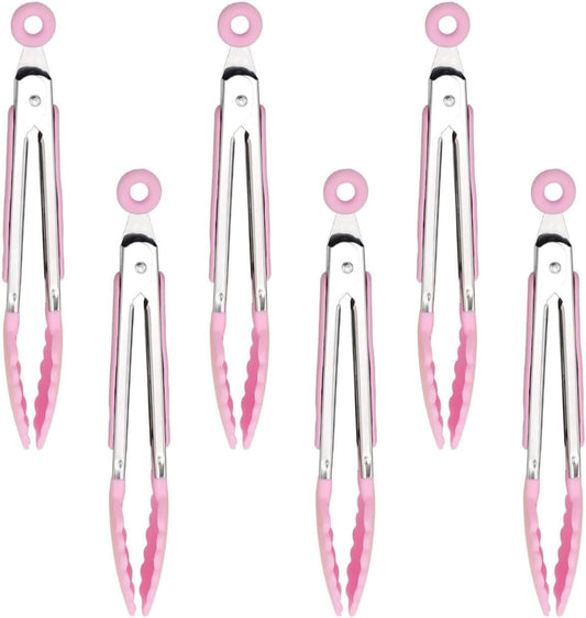 6 Piece 8-Inch Mini Serving Tongs for Cooking, Stainless Steel Locking Tong with Silicone Tips, Heat Resistant Grilling Barbeque Kitchen Food Tongs for Nonstick Cooking Pans (Pink)