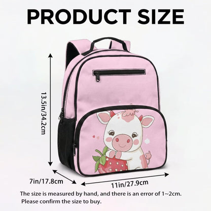 COEQINE Personalized Backpack with Lunch Box Kids Girls Cow Pink Strawberry Cute Bag for School Preschool Elementary Front Zip Pocket Holder Snacks Lightweight Bookbag Diaper Bag,13In