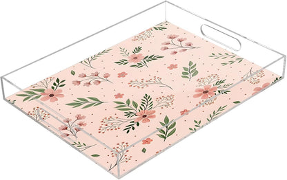 Elegant Flowers Pink Serving Tray 12" x 16" Acrylic Trays with Handles Decorative Serving Platter for Coffee, Breakfast in Bed, Dinner, Appetizers, Patio, Party