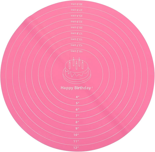 12 Inch Round Silicone Cake Mat with Measurements, Non-Stick Baking Mat for Cake Turntable, Dough Rolling, Cookies & Pizza, Heat Resistant Reusable Pastry Pad(Pink)
