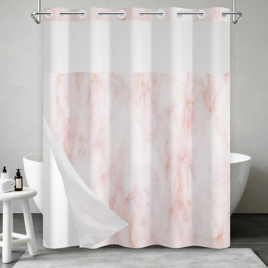 Pink Marble Shower Curtain with Snap in Liner, Modern Abstract Pink and Gold Art Bathroom Curtains Decor, Waterproof Fabric No Hook Shower Curtain with Top Mesh Window and Weighted Hem, 71x74 Inch
