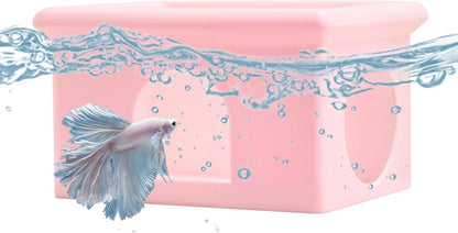 Floating Betta Fish Hammock Cave House for Aquarium, 3D Printed Betta Shrimp Feeder & Hideout Cave Toys, Small Aquarium Feeding Ring Decor, Turtle Fish Tank Decorations Accessories -Pink