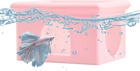 Floating Betta Fish Hammock Cave House for Aquarium, 3D Printed Betta Shrimp Feeder & Hideout Cave Toys, Small Aquarium Feeding Ring Decor, Turtle Fish Tank Decorations Accessories -Pink