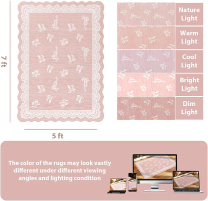 ORTIGIA 5x7 Scalloped Area Rug for Living Room, Pink Washable Low Pile Non Slip Rug with Bow Large Carpet for Girl Nursery Bedroom Playroom Dining Room Home Indoor Decor