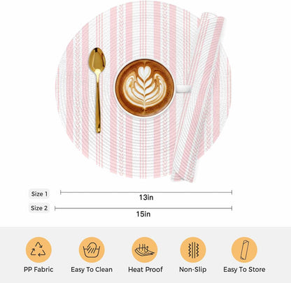Round 13'' Placemats Set of 6, Pink Line Striped HeatResistant Polypropylene Placemats, Farmhouse Modern Geometric Stripes Washable Braided Place Mats for Dining Table, Non Slip Kitchen Table Decor