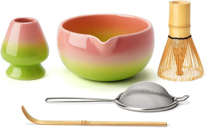 Joiish Matcha Whisk Set, Gradient Matcha Kit, Ceramic Bowl with Spout (18oz), Bamboo Whisk, Stainless Sifter, Scoop & Chasen Holder, 5-PC Complete Macha Tea Ceremony Tools (Pink-Green)