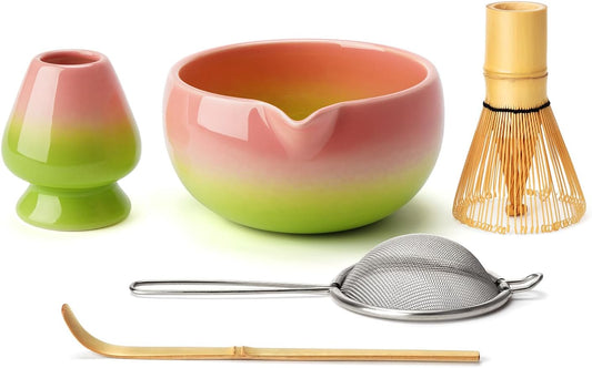 Joiish Matcha Whisk Set, Gradient Matcha Kit, Ceramic Bowl with Spout (18oz), Bamboo Whisk, Stainless Sifter, Scoop & Chasen Holder, 5-PC Complete Macha Tea Ceremony Tools (Pink-Green)