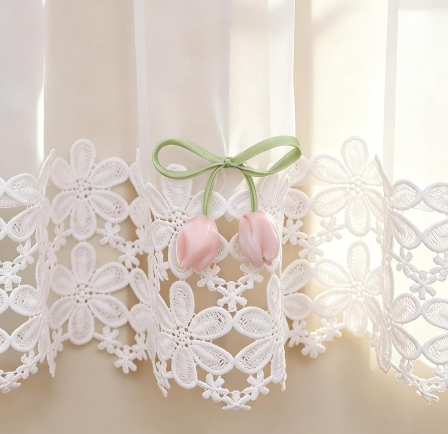 White Sheer Valance Lace Trim Pink Tulip Decor Farmhouse 52W x 18L 1 Panel