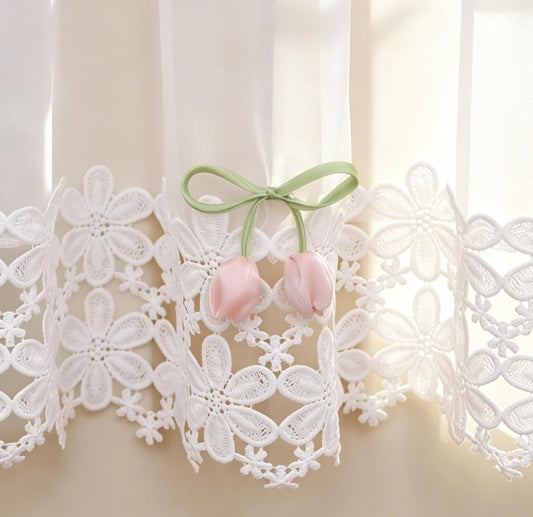 White Sheer Valance Lace Trim Pink Tulip Decor Farmhouse 52W x 18L 1 Panel