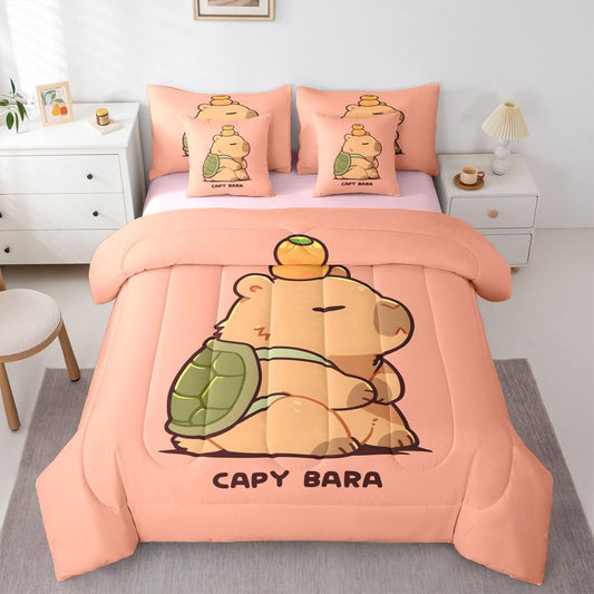 Manfei Cartoon Capybara Comforter Set 7 Pcs Turtle Shell Kawaii Kids Bed Set Lazy Cute Animal Bedding Twin with Comforter,Fitted Sheet,Flat Sheet,Pillowcases,Pillow Covers Twin Peach Pink