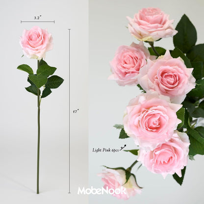 Real Touch Roses 6pcs, Pink Roses Bouquet Artificial Silk Flowers, 17.3”Real Touch Pink Roses for Party & Home Decor, Wedding Table Centerpieces, Romantic Gifts (Light Pink)