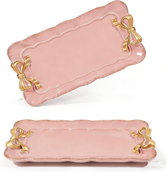 Wowagoga 2 PCS Vintage Decorative Tray Jewelry Tray Storage Tray Pink Decorative Organizer for Jewelry Bracelets Cosmetics and Bow Room Decor