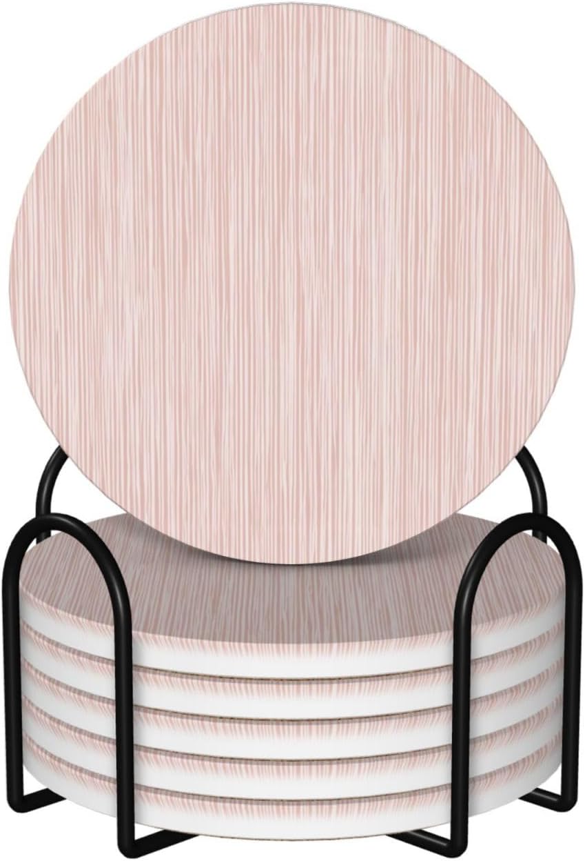 Light Pink Pastel Pattern Subtle Vertical Stripes Ceramic Coasters with Holder Set of 6 Coffee Cup Drink Coasters