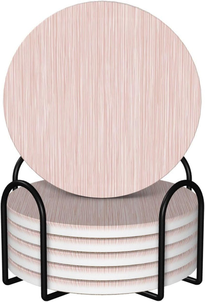Light Pink Pastel Pattern Subtle Vertical Stripes Ceramic Coasters with Holder Set of 6 Coffee Cup Drink Coasters