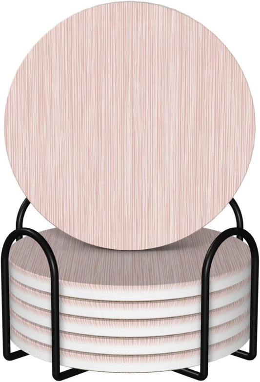 Light Pink Pastel Pattern Subtle Vertical Stripes Ceramic Coasters with Holder Set of 6 Coffee Cup Drink Coasters