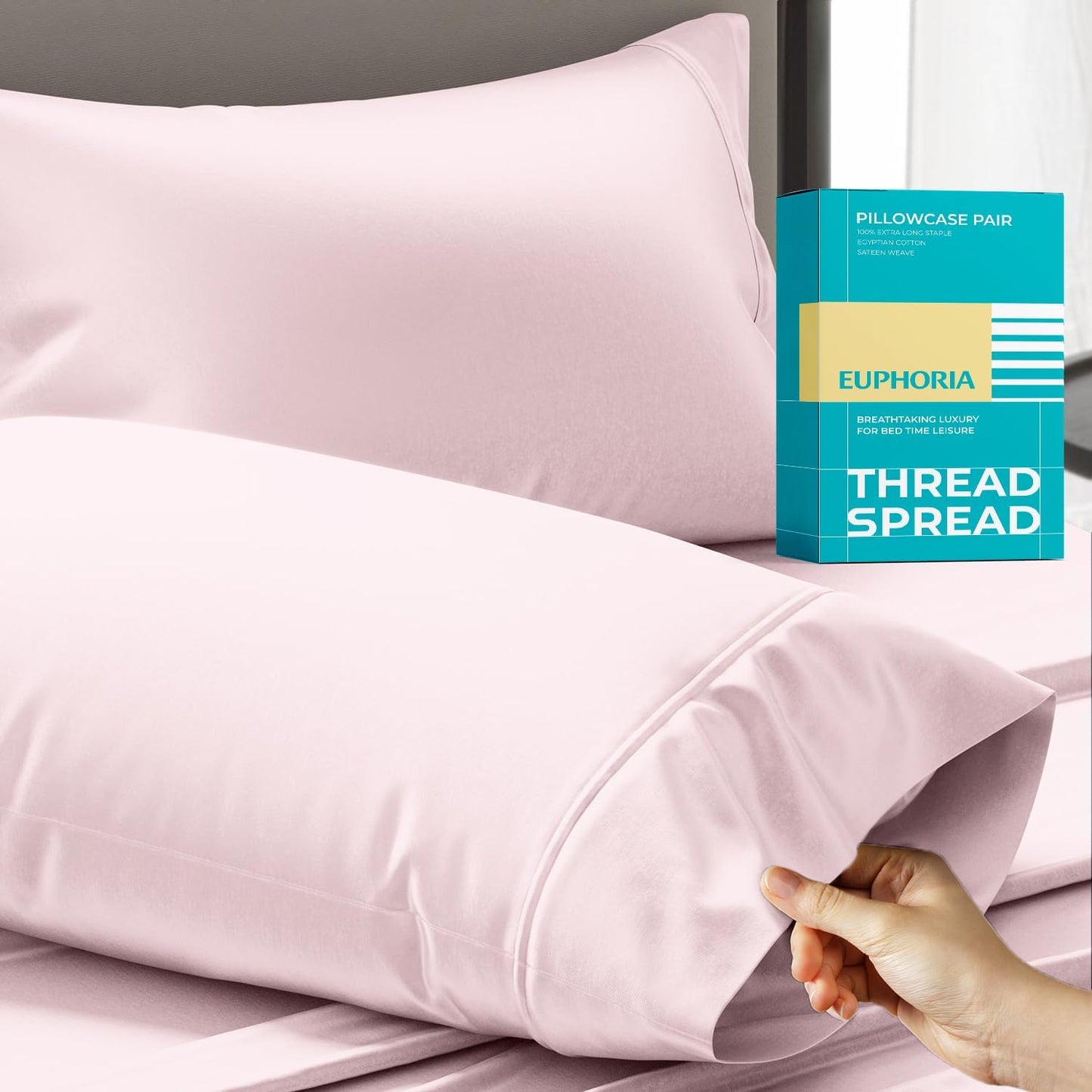 Thread Spread 100% Egyptian Cotton Queen Pillow Cases Set of 2 - Luxury 800 Series Euphoria Collection Queen Pillow Cases (Blush), Soft Cooling Hotel Cotton Pillowcases, Fits Standard Pillows