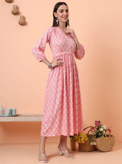 Tissu Women's Rayon Green Printed Fit & Flared Waist Tie-up Dress