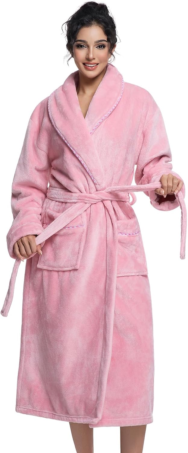 Womens Long Fleece Robe Soft Plush Robes for Women Warm Bathrobes Comfy House Coat Full-length with Pocket
