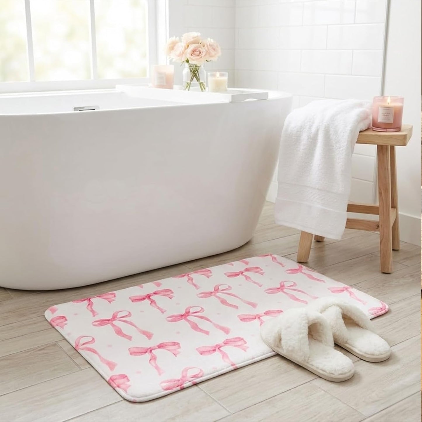 Memory Foam Bath Mat with Pink Bow Pattern, Comfortable, Soft, Non-Slip, Super Absorbent, Quick Drying Bath Rug for Bathroom,Floor, Tub & Shower, Machine Washable (32INX20IN, Bow)