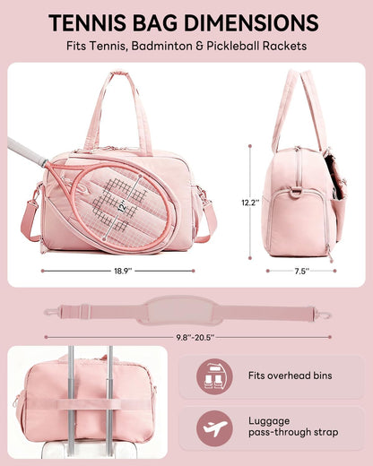 Tennis Tote Bag for Women – Waterproof Lightweight Travel Gym Bag with Shoulder Strap, Holds 2 Rackets, Pickleball & Badminton Bag with Shoe Compartment, Wet/Dry Separation, Fits 15.6" Laptop