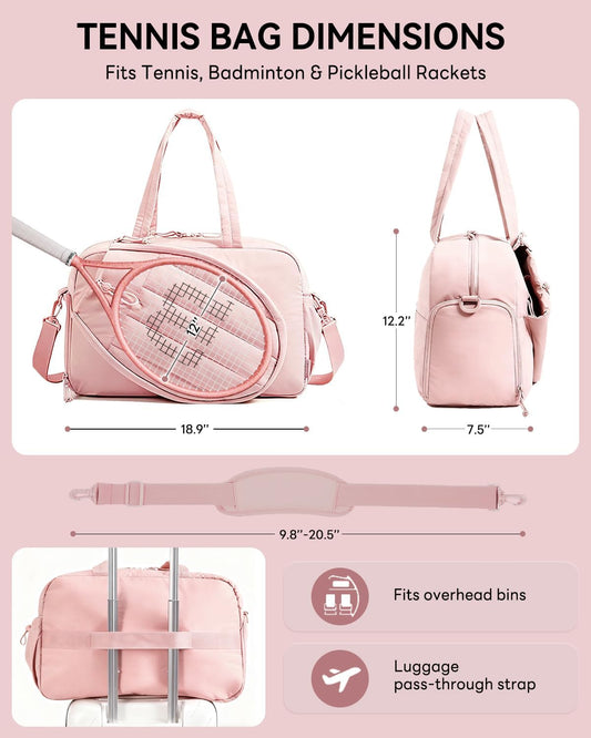 Tennis Tote Bag for Women – Waterproof Lightweight Travel Gym Bag with Shoulder Strap, Holds 2 Rackets, Pickleball & Badminton Bag with Shoe Compartment, Wet/Dry Separation, Fits 15.6" Laptop